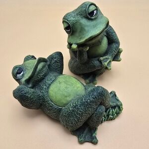Vintage 2004 Garden Collection Frog Statues Set of 2 Thinking Relaxing Resin